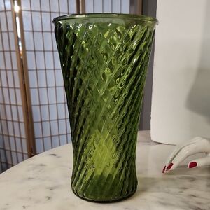 Vintage | Randall Ribbed Optic Swirl Emerald Glass Vase 1960's